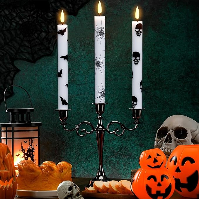 Eldnacele Flameless Taper Candles Flickering with Remote and Timer, Battery Operated LED Taper Candles Skull Bats Spider Decals Real Wax Halloween Indoor Decoration(6 Pack, 0.78 x 9.64 Inches)