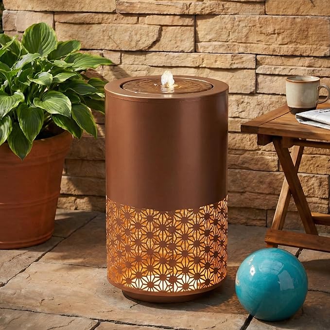 Merax 20.87" H Brown Metal Cutout Outdoor Water Fountain with LED Lights, Modern Freestanding Candle Style Water Feature for Patio Backyard Decor