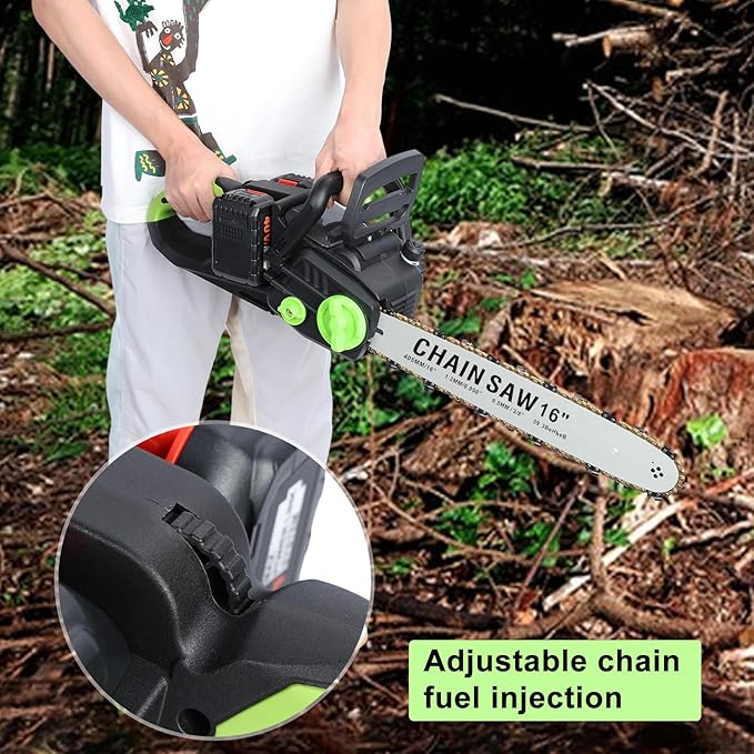 16 Inch Cordless Chainsaw - Brushless Electric Chainsaw Kit with 2 Battery & Charger, Hand Held Battery Powered Chain Saw for Wood Cutting, Logging, Tree Trimming, Green & Black, CB9E4550513