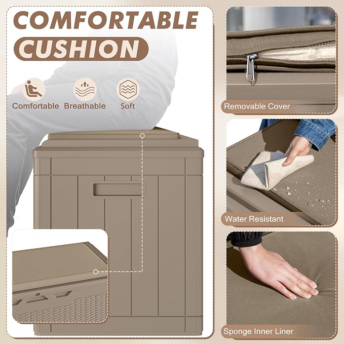 Devoko 100 Gallon Deck Box, Waterproof Resin Outdoor Storage Box with Cushion for Outside, Large Outdoor Storage Bench Cabinet Lockable for Patio Furniture and Garden Tools (Brown)
