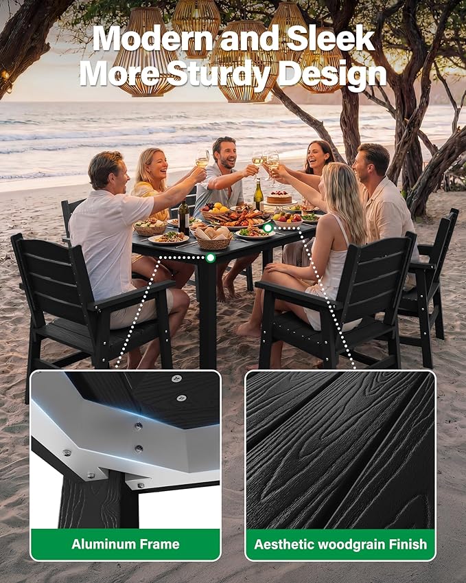 YEFU Patio Dining Sets HIPS: 7-Piece All-Weather Outdoor Table and Chairs with Umbrella Hole - Easy Assembly Patio Dining Set for 6 Modern Outside Furniture for Homeowners with Deck/Pool Black