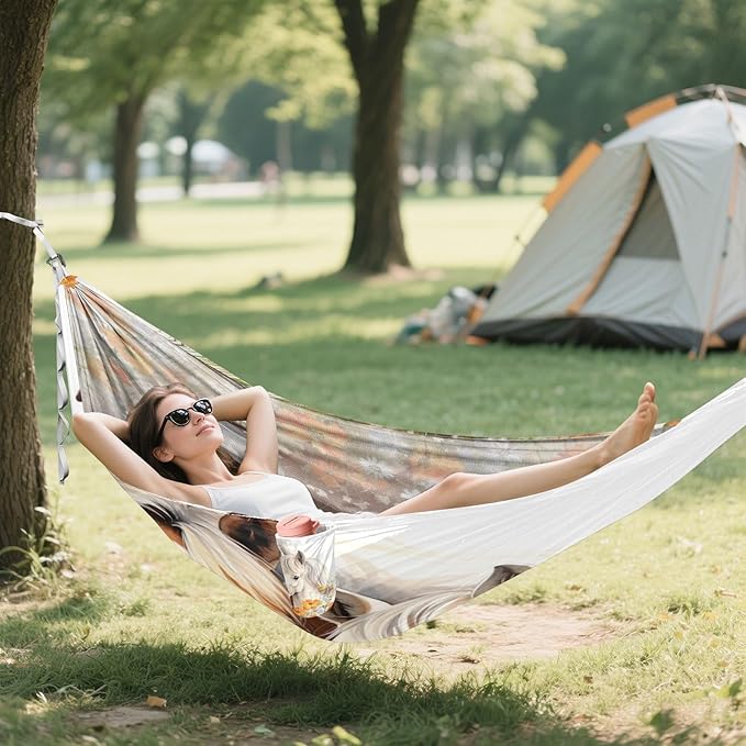 Qilmy Watercolor Wild Horses Camping Hammock Single – 330 lbs Capacity, Lightweight with Tree Straps & Carabiners, Portable for Hiking, Travel, Backpacking