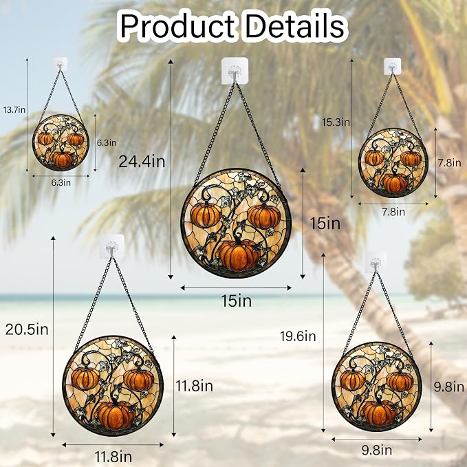 DASTOLL Stained Glass Window Hanging - Halloween Decoration Orange Pumpkin Vine Leaves Suncatcher for Door Garden Spooky Sun Catchers Gothic Decor Horror Gifts for Women Men Friend Boy Girl 9.8 in