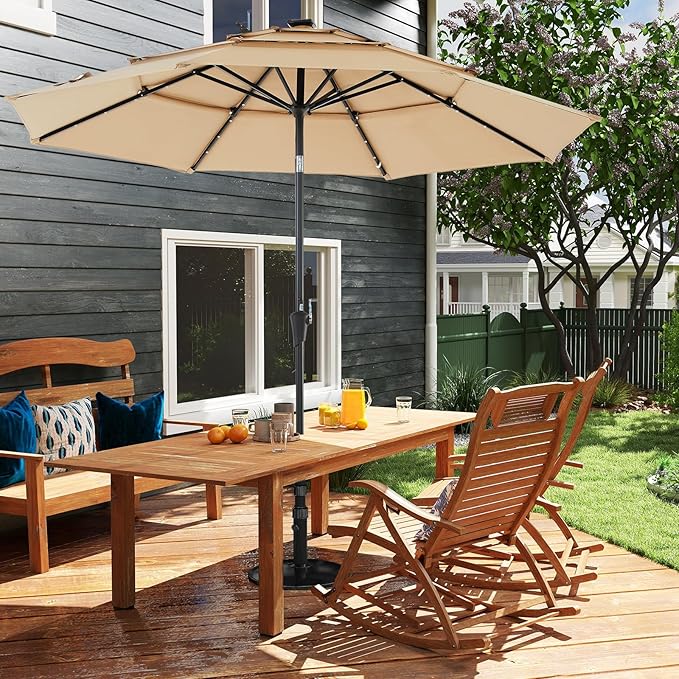 DUMOS LED Outdoor Patio Umbrella 10 FT UV-Resistant Market Umbrella with Tilt Adjustment & Crank Lift, All-Weather Shade for Backyard, Deck, Garden, Beach