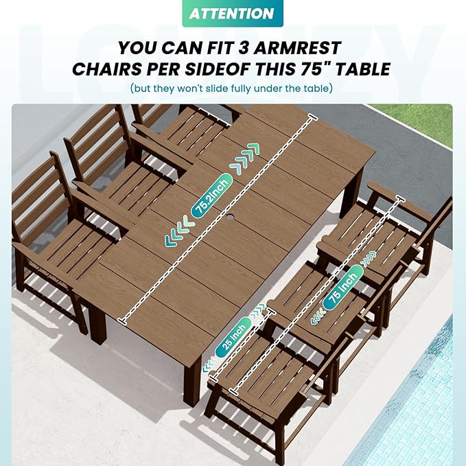 LOUNZY 7 Pieces Patio Dining Sets, 75.2'' Table Outdoor HDPE Furniture Set for 6 w/ 2" Hole Cut-Out Dining Table with 6 Patio Chairs for Pool, Lawn and Garden,Brown