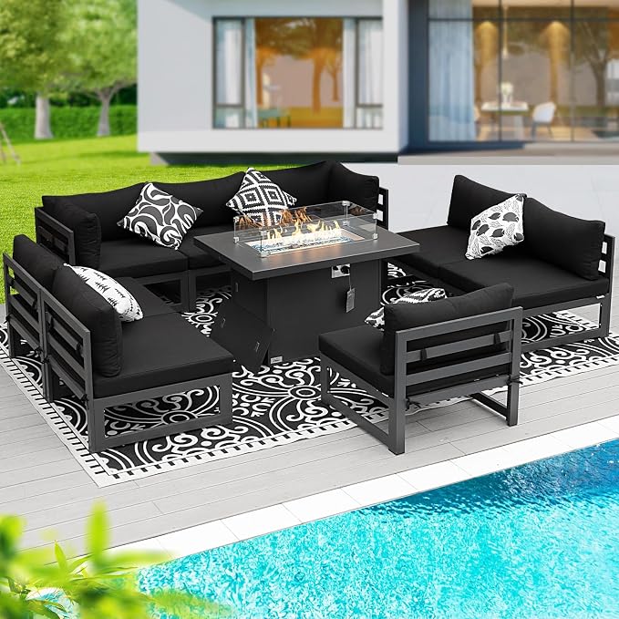 BULEXYARD 9 Pcs Large Modern Aluminum Outdoor Sofa with Rectangular Fire Pit Table, 29" Deep Wide Seat, 500 lbs Durable Sectional Set for Heavy People, All-Weather Patio Furniture Set for Deck, Black