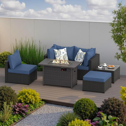 Patio Furniture Set w/ Fire Pit Table, 6PCS Outdoor Conversation Sets Waterproof Rattan Sectional Sofa with 4” Thickened Cushion Modular Wicker Patio Furniture Set with Glass Top Table (Navy Blue)