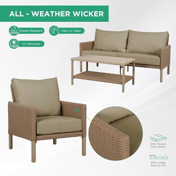 4-Piece Wicker Patio Furniture Set, Outdoor Conversation Set with Coffee Table and Removable Thickened Cushions, Modern Sectional Sofa for Backyard, Garden & Lawn, Beige