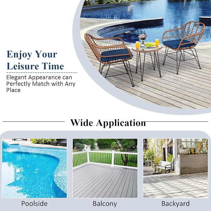 COSTWAY 3 Pieces Patio Bistro Set, Outdoor Rattan Conversation Seating Chair Set with Coffee Table & Soft Cushions, Indoor Wicker Furniture Set for Garden, Balcony, Porch, Pool, Navy