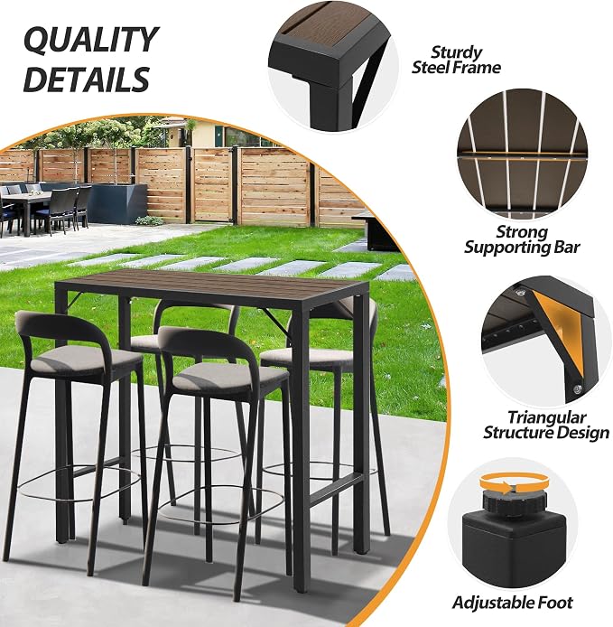 Outdoor Bar Table, 39” Patio Bar Height Table, Bar Counter Pub Dining Table with Waterproof Top for Balcony, Garden, Yard, Poolside (Brown)