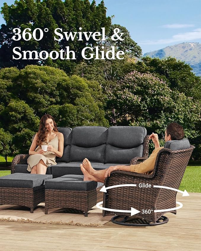HILLGA Luxury High Back Patio Furniture Set with 6-Inch Thick Cushion, 6-Piece Outdoor Conversation Set with Sofa, Swivel Rocker Chairs & Ottomans, Ideal for Porch Pool Deck Yard (Dark Grey)
