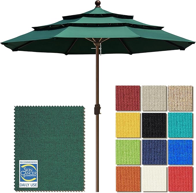 EliteShade USA 10-Year-Non-Fading 11ft 3-Tier Market Patio Umbrella, Commercial Grade Outdoor Table Umbrella with Crank Open, Windproof & UPF 50+ UV Protection, Heavy Duty Ventilation for Garden, Deck, Pool, Backyard, Beach & Bistro, No Tilt, Forest Green