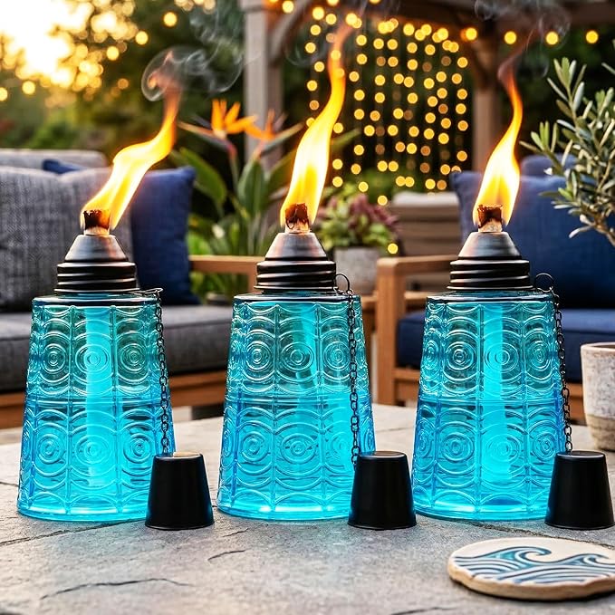 Seraphic Citronella Table Top Torches for Outdoor Patio, 16oz Decorative Glass Torch Citronella Candles for Outside Deck, Garden, Parties, Set of 3, Blue