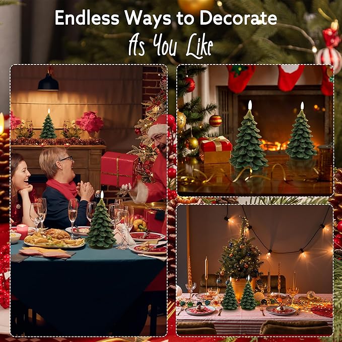 Christmas Tree Candles with Remote, 2 Pack Green Flameless Candles Battery Operated, Real Wax Flickering Christmas Led Candle Decorations for Winter Home Holiday Xmas Gift