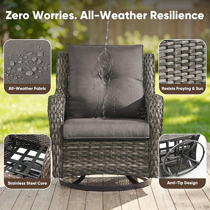 Belord 7 Piece Wicker Patio Furniture Set, Outdoor Swivel Rocker Chairs Set of 2 with Ottomans, 3 Seat Sofa and Loveseat, All Weather Patio Conversation Furniture Set, for Pool,Yard Gray Wicker/Gray