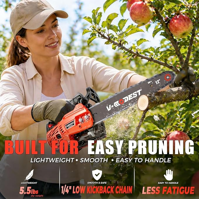 Gas Chainsaw 12 inch, Top Handle Chainsaw 25cc 2-Stroke Small Gas Powered Chain Saw, Lightweight 5.5 lbs, 1/4" LP Low Kickback Chain for Pruning, Yard & Garden, Easy to Use