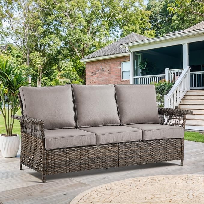 Patio Furniture Set 2 Wicker Swivel Glider Chairs 2 PE Rattan Ottomans with Grey Cushions Patio PE Rattan Sofa Coffee Table Brown Wicker Patio Conversation Set 6pcs for Patio