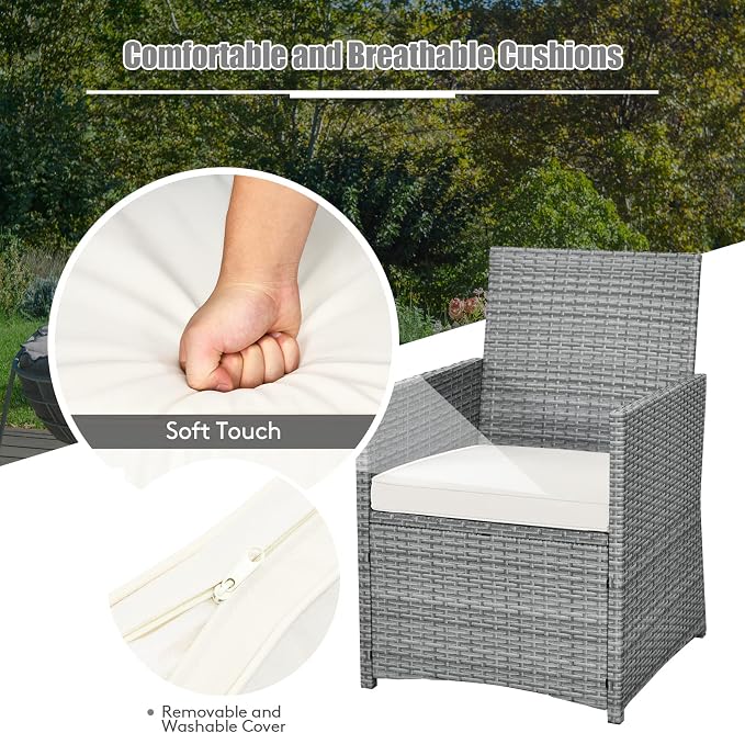 RELAX4LIFE 3-Piece Outdoor Furniture Set - All-Weather Wicker Rattan Patio Dining Set w/Tempered Glass Coffee Table & Cushions, Modern Bistro Conversation Set for Yard Balcony (White)