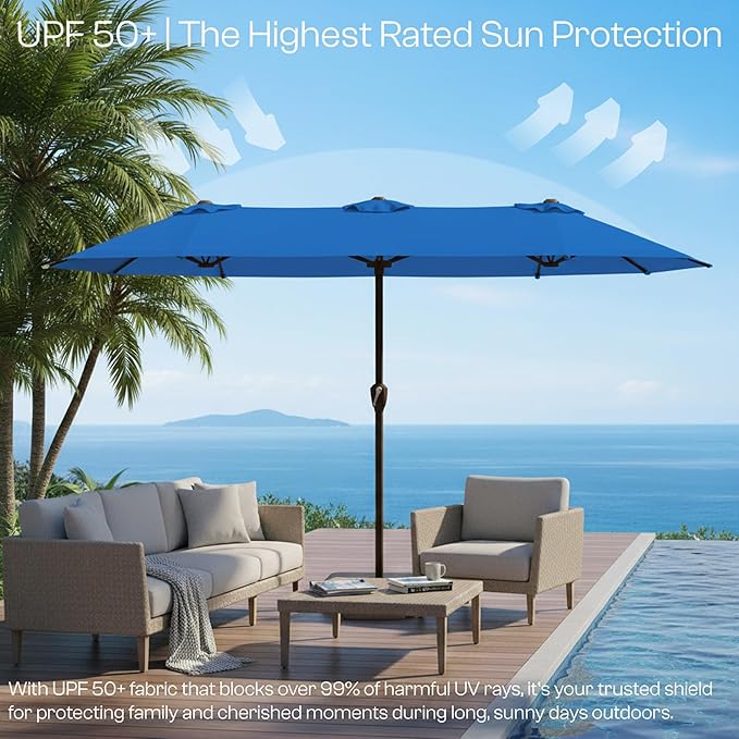 15FT Large Patio Umbrella with Base, Double Sided Rectangular Outdoor Umbrella with Sturdy Fiberglass Ribs, UPF 50+ Sun Protection, Wind-Resistant, Waterproof Fade-Resistant Fabric for Pool, Garden, Backyard, Deck(Royal Blue)
