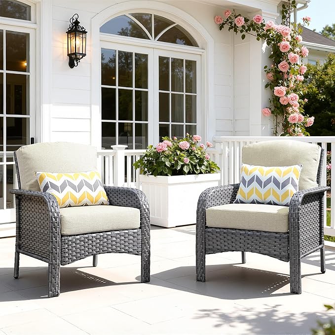 2 Pieces Patio Furniture Set, Two Single Chair Outdoor Furniture, All-Weather Rattan Wicker High Back Conversation Set of 2 for Small Space Porch, Backyard, Balcony,Beige