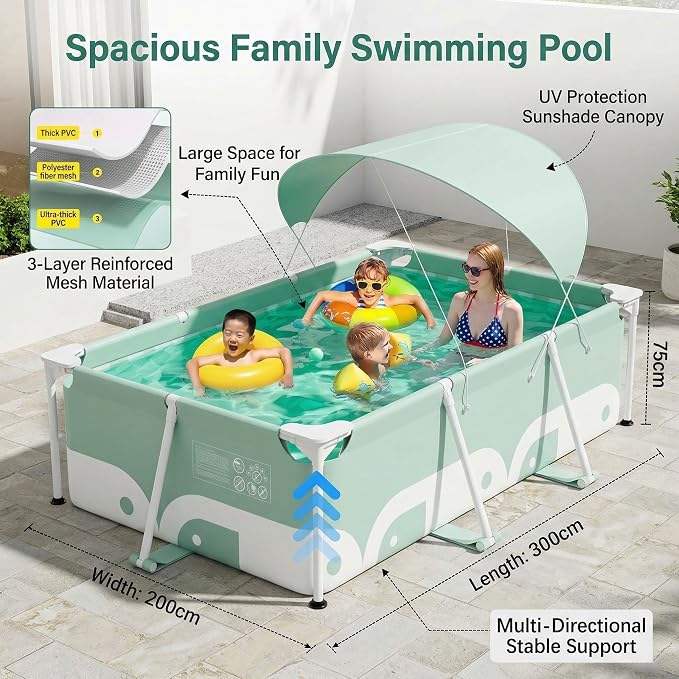 3.0m Rectangular Swimming Pool with Metal Steel Frame, Simple Family Backyard Swimming Pool, Garden, Adult Lawn, no Need for Inflatable Assembly, Convenient Storage (3.0-Meter Swimming Pool)