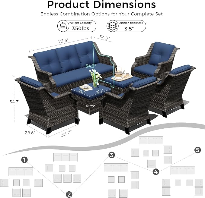 Outdoor Patio Furniture Set, 7 Piece Wicker Patio Furniture with Thick Cushions, Curved Armrest, Deep Seating, Rattan Outdoor Chairs for Porch, Deck, Balcony