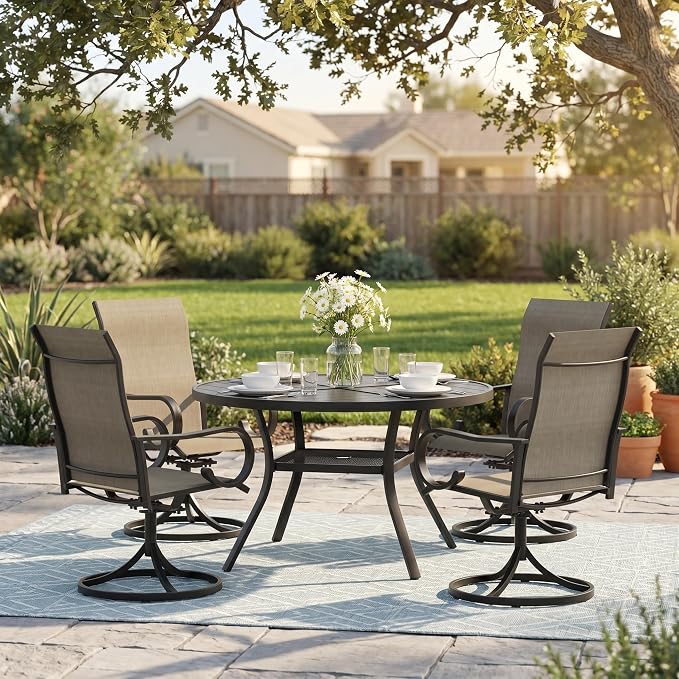 5 Pieces Patio Dining Set, 4 Outdoor Swivel Dining Chairs with 40.7" Round Metal Outdoor Dining Table with Umbrella Hole for Garden Backyard Deck, Mixed Brown & Black