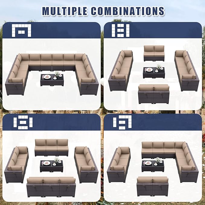 Patio Furniture Set 14-Piece Outdoor Furniture for Backyard Wicker Sectional Sofa Set, PE Rattan Patio Conversation Set 12 Seat with 4 Inch Thickened Cushions and Glass Coffee Tables, Sand