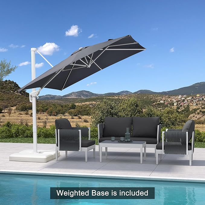 PURPLE LEAF 8 FT Patio Umbrella With Base White Cantilever Umbrella Square Outdoor Offset Umbrella Windproof with 360° Rotation for Garden Deck Pool, Light Grey