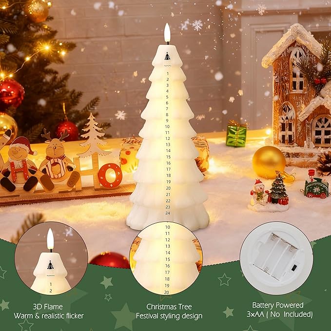 Christmas Tree Candles with Remote, Real Wax Christmas Countdown Candle, Countdown to Christmas Battery Operated Candles, Xmas Flameless Advent Candle for Table Decor