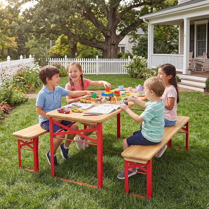 Costzon Kids Picnic Table, 43.5 Inch Folding Picnic Table with 2 Benches, Fir Wood Top & Metal Frame, No Assembly 3-Piece Portable Kids Indoor/Outdoor Furniture for Patio Backyard Daycare (Red)