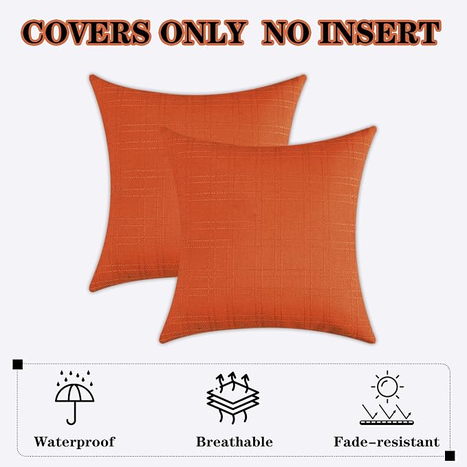 Kevin Textile Outdoor Waterproof 20”x20” Pillow Covers 2 Pack, Orange | Water Resistant, Soft Faux Linen-cotton Yarn-dyed Woven Texture Throw Pillow Covers for Tent Patio Garden Couch Sofa