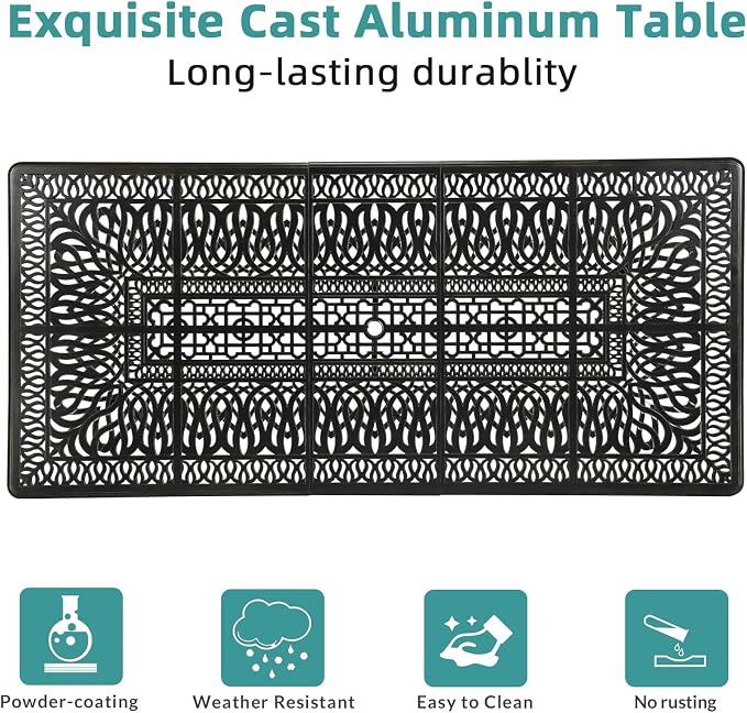MEETWARM 9-Piece Outdoor Patio Dining Set, All Weather Cast Aluminum Patio Funiture Table and Chairs Set- 94.5” Rectangular Table and 8 Cushioned Swivel Rocker Chairs, Umbrella Hole, Ocean Blue