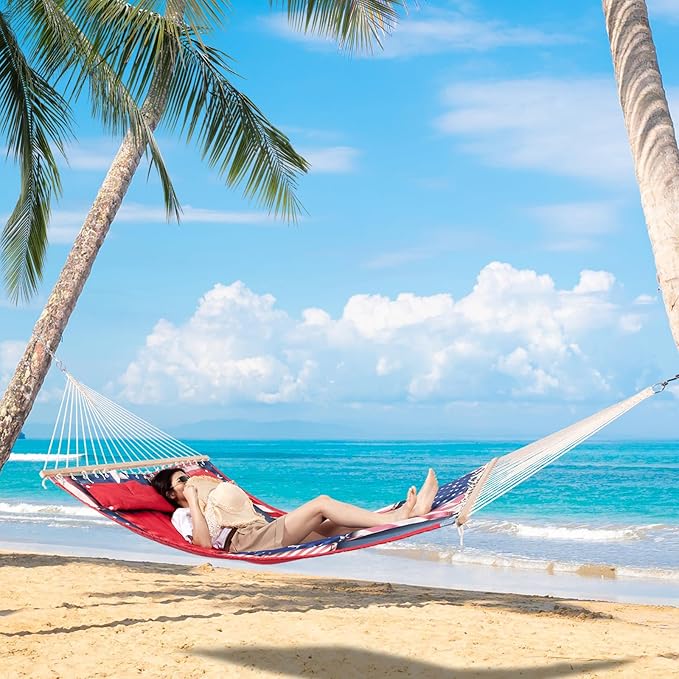 Backyard Expressions Reversible Quilted Hammock - Single or Double Hammock for Outdoor Relaxation with Matching Pillow, Flag Patchwork