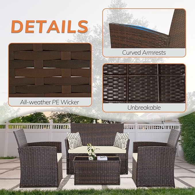4 Piece Patio Furniture Set, Outdoor Wicker Conversation Set, Rattan Sectional Sofa Couch with Glass Coffee Table & Thick Cushion for Backyard, Porch, Garden, Poolside, Brown/Beige