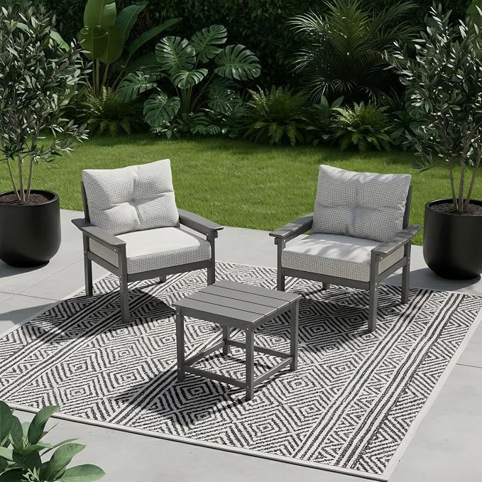 HDPE 3 Piece Patio Furniture Set, All-Weather Outdoor Couch Bistro Set with Thick Cushions & Side Table, Patio Conversation Sets for Lawn, Garden, Porch, Balcony, Deck, Poolside, Grey & Beige