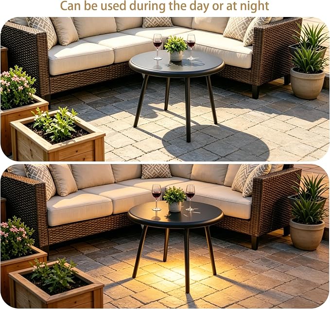 Meluvici Outdoor Side Table, 19.7" Round Solar Coffee Table with LED Lights, Waterproof Metal Patio End Table for Garden, Backyard, Balcony, Deck, Patio Furniture