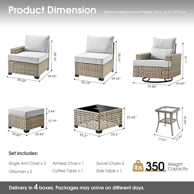 Rattan Patio Furniture Set with Swivel Chairs,9 Pieces Outdoor Sectional with Ottoman Glowing Coffee Table,Out Door Furniture Conversation Set,Light Grey