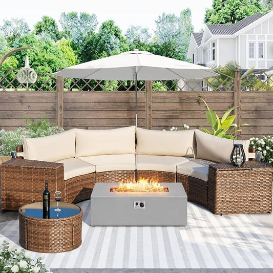 ECOTOUGE 8-Piece Half-Moon Curved Patio Furniture Set with Fire Pit Table, Wicker Rattan Sectional Sofa with Thick Cushions, Outdoor Conversation Set for Backyard Garden No Tank Cover(Beige, Grey)