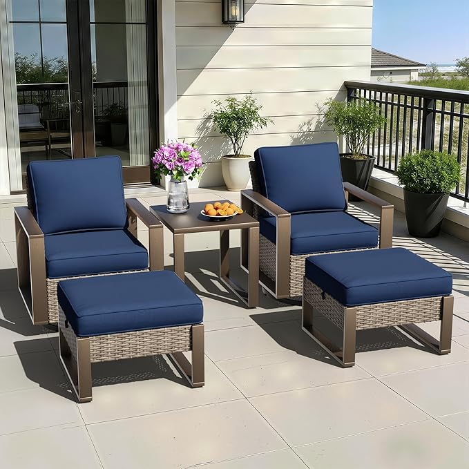 5 Pieces Metal Wicker Patio Furniture Set - 2 Swivel Rocker Chairs and 2 Ottomans, 1 Side Table, All Weather Rattan Outdoor Conversation Furniture with Washable Cushion for Deck Porch, Dark Blue