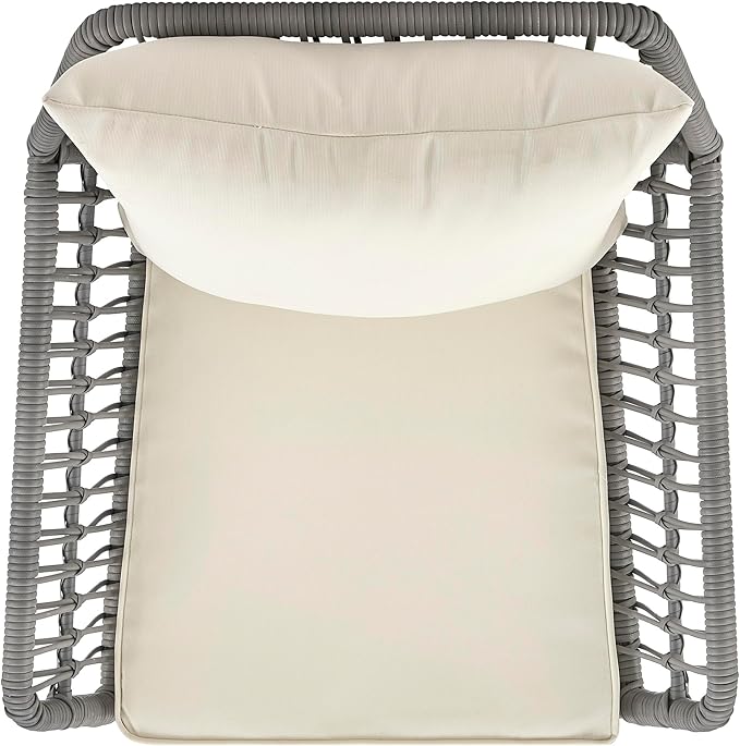 Manhattan Comfort Portofino 4-Piece Patio Conversation Set, Rope Wicker Design with Waterproof Cushions | Outdoor Furniture Includes 2 Armchairs, Loveseat & Coffee Table with Tempered Glass Top, Cream