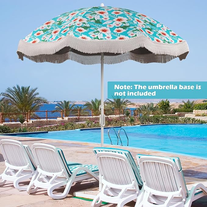 6.5 FT Outdoor Fringe Umbrella, UV 50+ Protection Boho Umbrella with Sand Anchor, Tilt Sun Shelter& 8 Ribs, Portable Beach Umbrella with Carry Bag, Vintage Patio Umbrella for Deck Poolside
