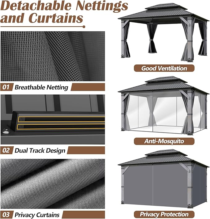 12' x 14' Wood Gazebo, Outdoor Hardtop Gazebo with Wood Posts and Galvanized Steel Doule Roof, Wooden Frame Gazebos with Netting and Curtains for Patio, Backyard, Deck Garden