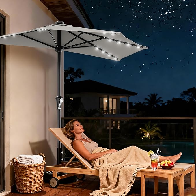 AreShark 9ft Patio Half Umbrellas with Solar Lights, 1/2 LED Half Outdoor Umbrella w/ 20 LED Lights, Lighted Table Wall Umbrella with Crank & 5 Sturdy Ribs for Market, Pool, Deck, Lawn and Garden, Foggy Gray