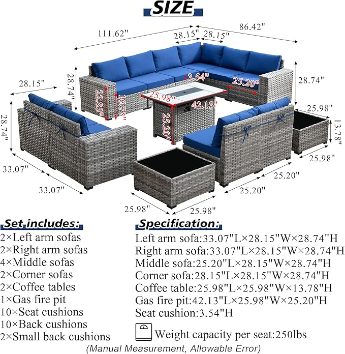HOOOWOOO Outdoor Patio Sectional Furniture Sofa Set with Propane Fire Pit Table,13 Piece Large Modern Wicker Couch with Widened Armrest,Modular L Shaped Conversation Seating Set(Navy Blue)