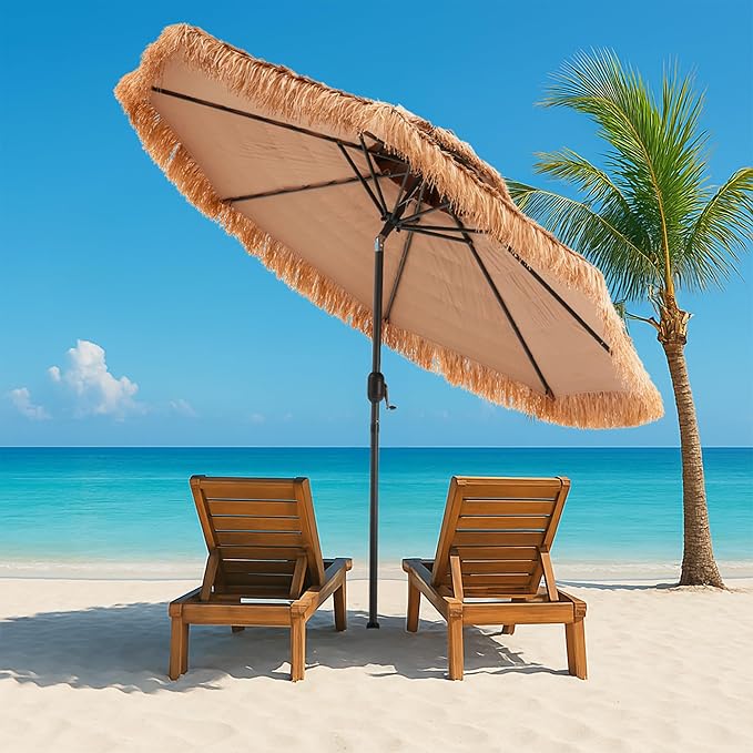 COSIEST 9FT Tiki Umbrella Outdoor Patio Hawaiian Thatched Shade With 8 Ribs Tilt Adjustment for Garden Pool Backyard Beach