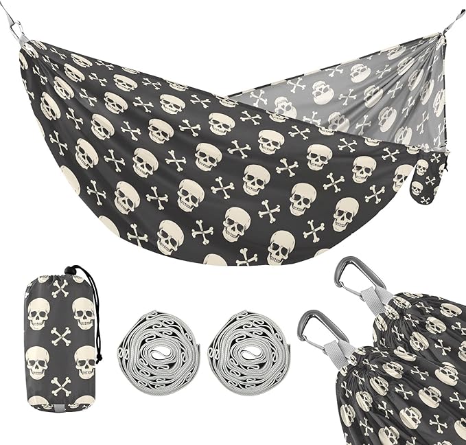 Camping Hammock Outdoor Hammocks for Outside Skull Crossbones Beach Trees Portable Lightweight with Pockets Tree Straps Indoor