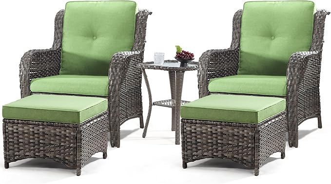 5 Piece Outdoor Patio Furniture Set Wicker Conversation Bistro Set Swivel Rocking Chairs with Side Table and Ottomans for Backyard, Porch, Balcony(Mixed Grey/Green)