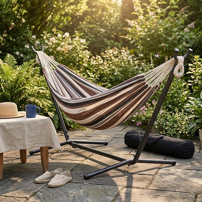 103 Inch Portable Hammock with Stand Included, Heavy Duty Steel Frame with Comfortable Polyester Striped Swing Bed, Carrying Bag for Patio, Garden, Backyard, Indoor & Outdoor (Style A)
