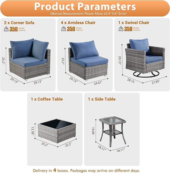 9 PCS Outdoor Patio Furniture Sets with Wicker Rocking Chair,Wicker Weather Resistant Patio Conversation Set with Comfy Cushions,Modular L Shaped Sofa with Coffee Table for Yard,Denim Blue
